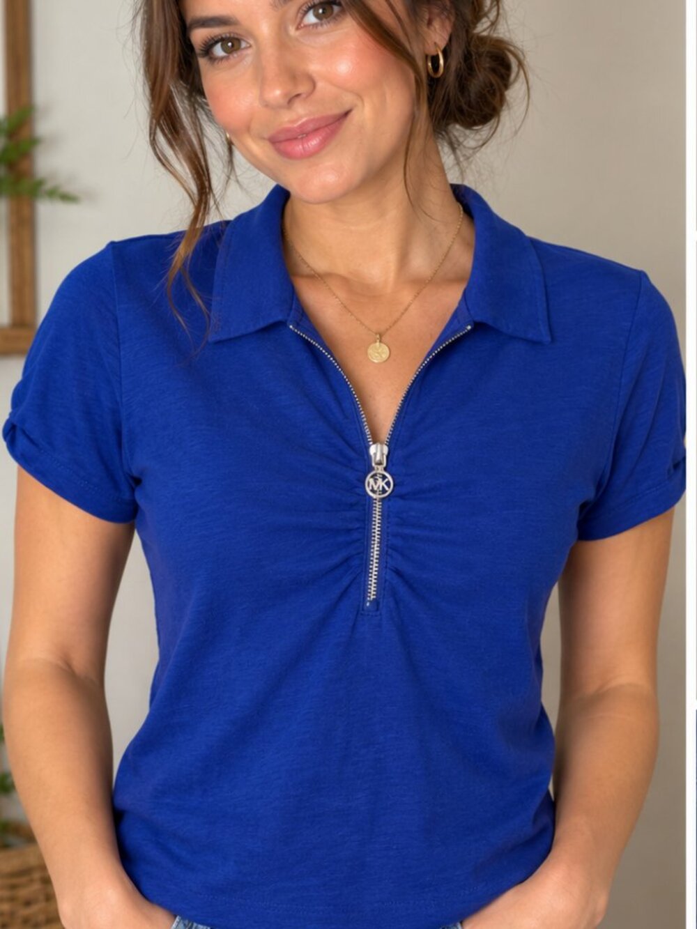 Michael Kors Royal Blue Zip‑Front Top – Medium